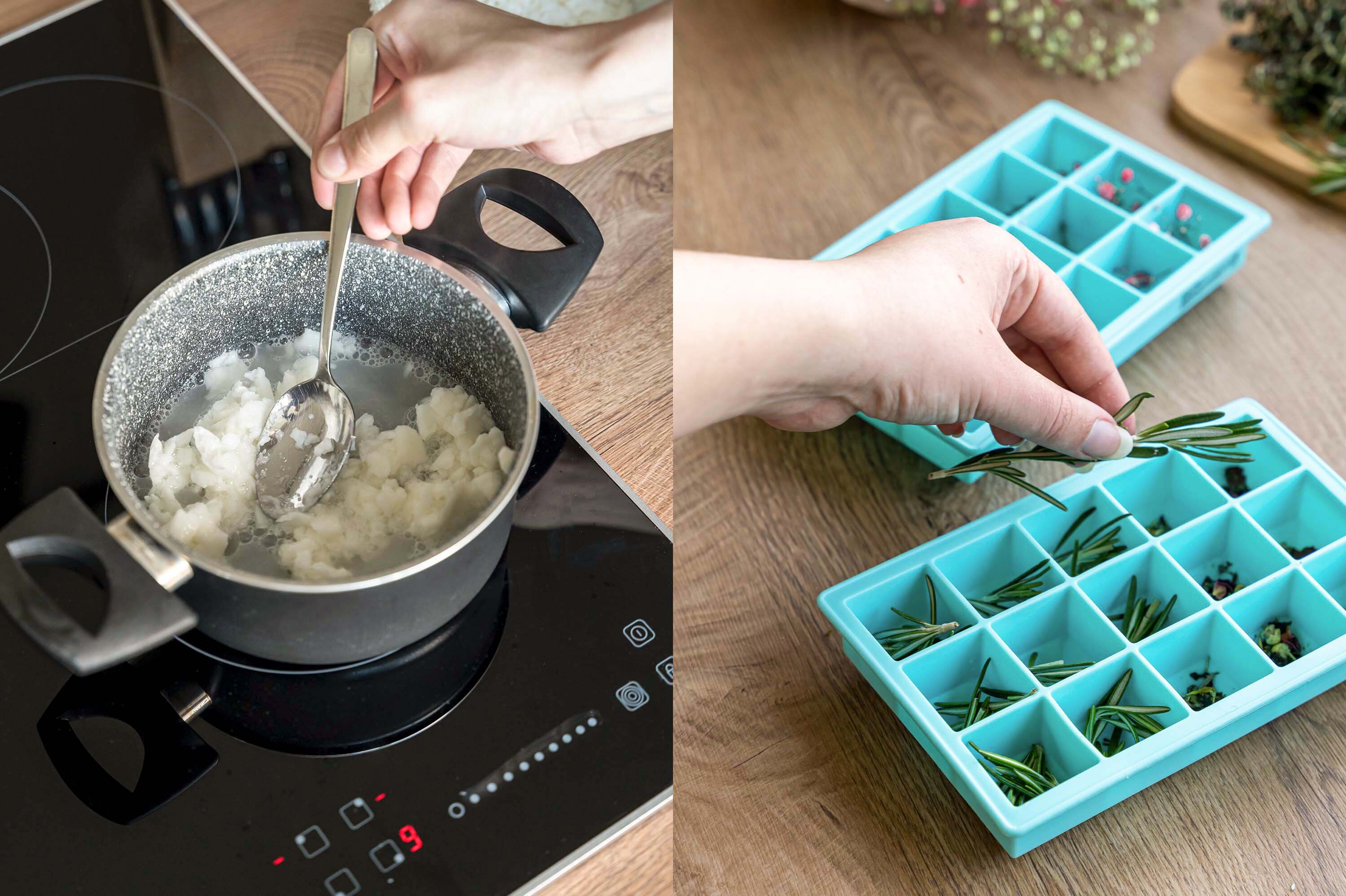  Seife kocht im Topf und wird in Eiswürfelformen mit Rosmarin gefüllt.