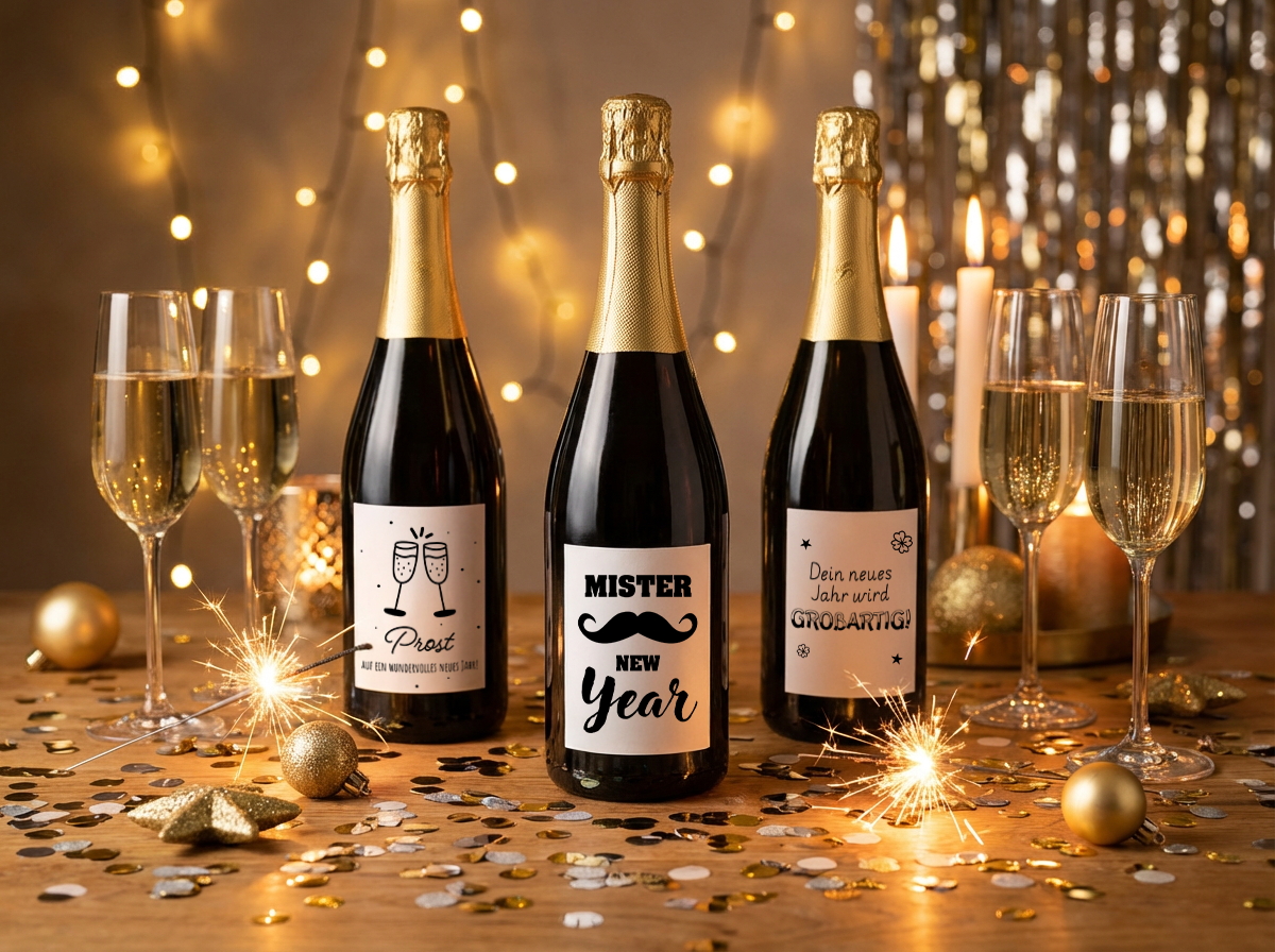 Drei Weinflaschen mit roten Kapseln, jede mit einem weißen Etikett und weihnachtlichen Motiven, stehen auf Holzboden vor Lichterkette und Dekoration.