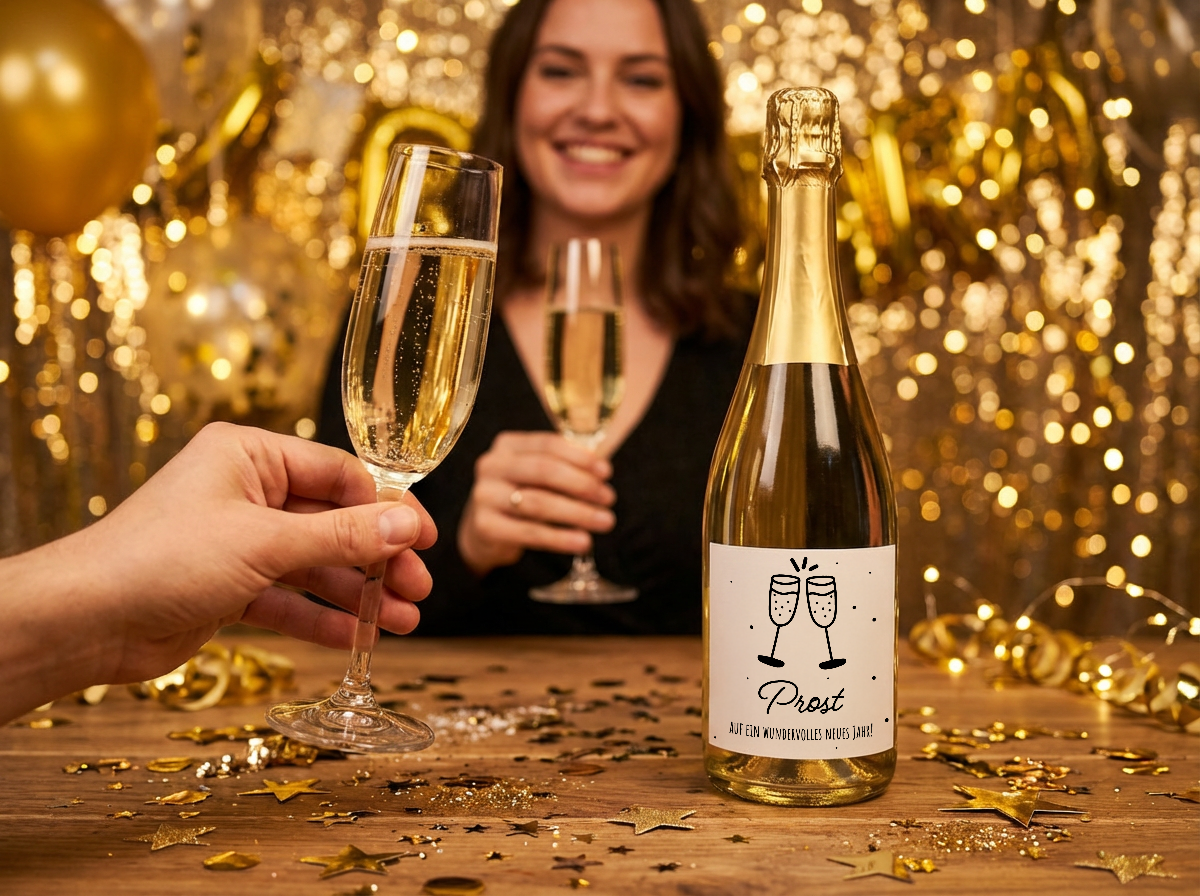 Sektflasche mit goldener Folie und Etikett mit zwei anstoßenden Sektgläsern und Schriftzug 'Prost auf ein wundervolles neues Jahr', zwei Sektgläser mit goldenem Sekt, goldene Deko im Hintergrund.