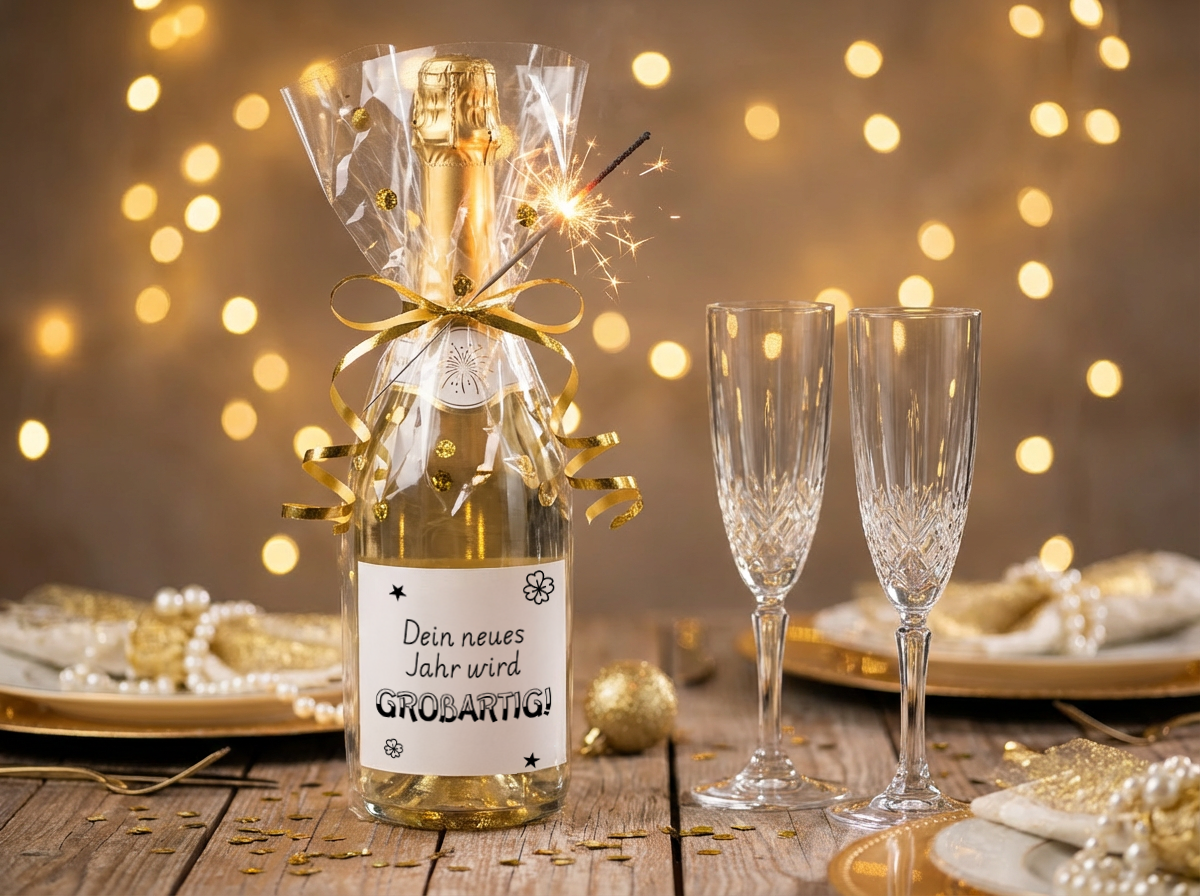 Sektflasche mit goldener Folie, verziert mit goldener Schleife und Wunderkerze, daneben zwei Kristallsektgläser auf Holztisch mit festlicher Dekoration.
