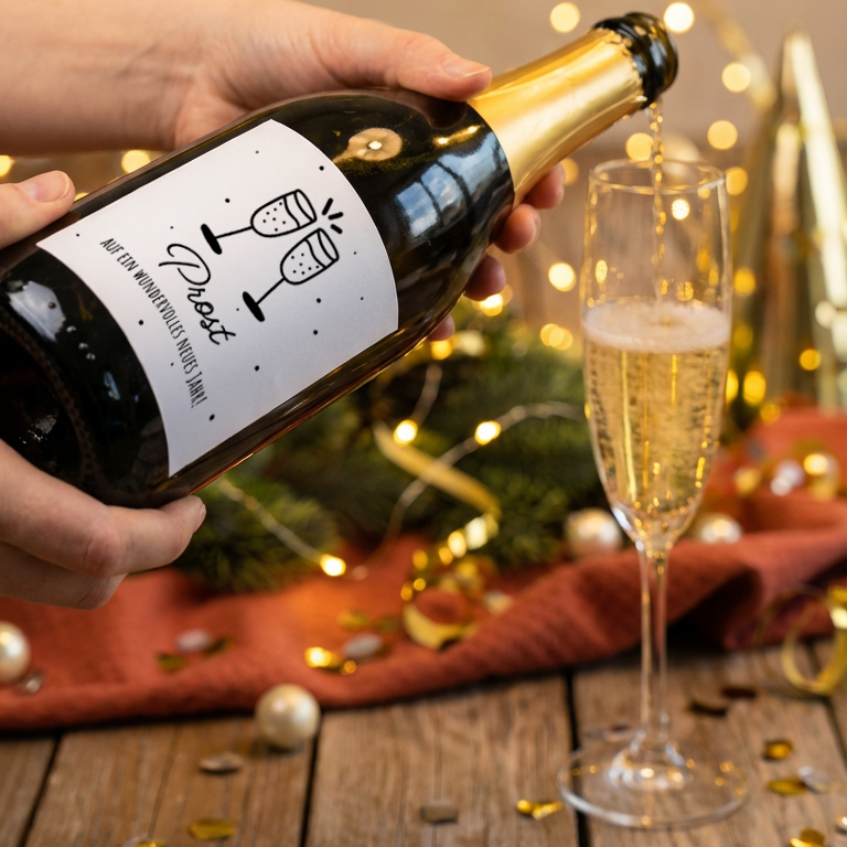 Hand hält Sektflasche mit goldenem Hals und Etikett mit zwei anstoßenden Sektgläsern und Schrift 'Prost'. Daneben steht ein gefülltes Sektglas auf Holztisch mit Weihnachtsdeko im Hintergrund.