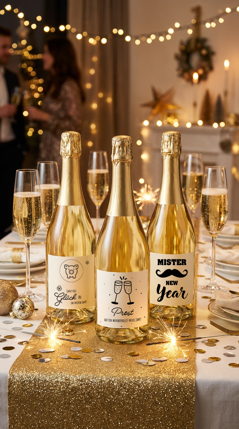 Drei goldene Sektflaschen mit unterschiedlichen Etiketten auf einem festlich gedeckten Tisch mit goldenen Dekorationen und Wunderkerzen.