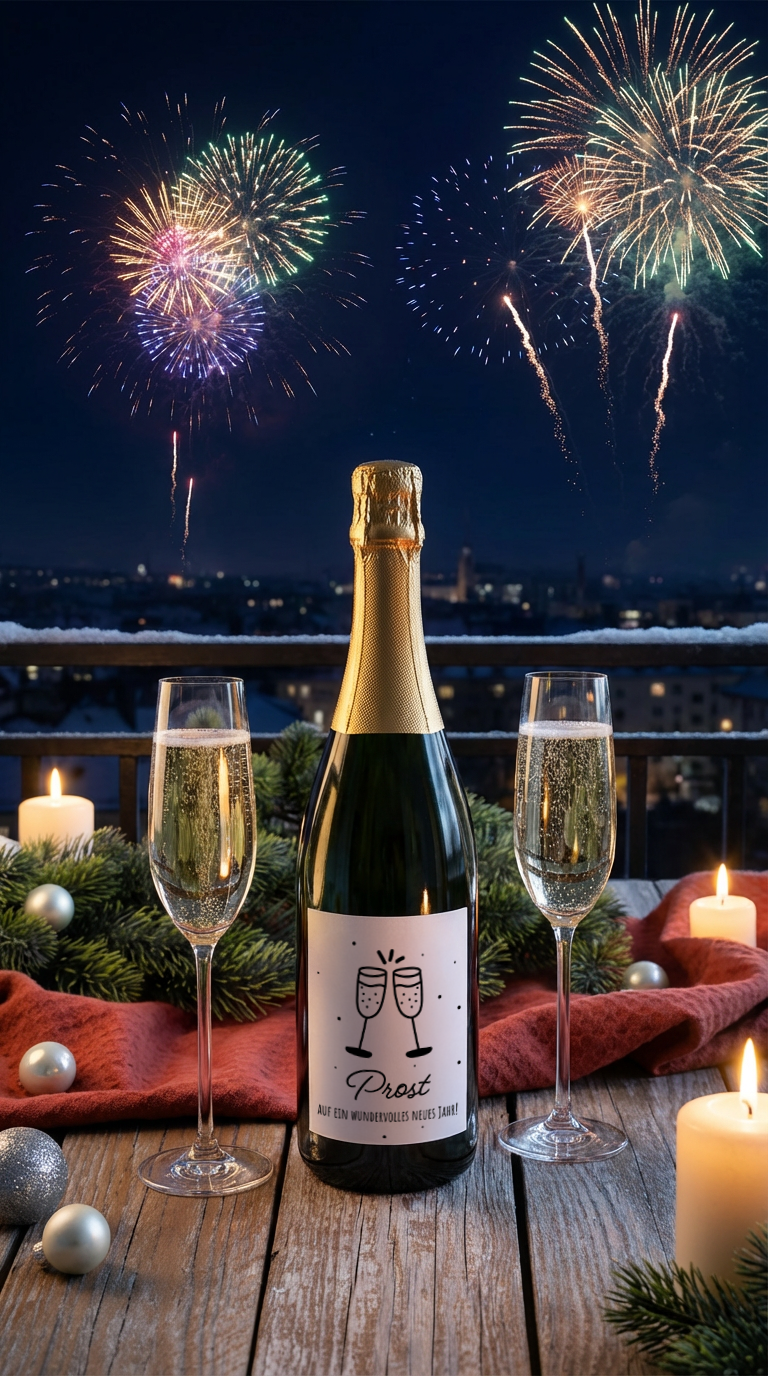 Sektflasche mit goldener Folie und Etikett mit zwei anstoßenden Sektgläsern, umgeben von zwei gefüllten Sektgläsern, Kerzen, Tannenzweigen und Weihnachtskugeln vor Nachthimmel mit Feuerwerk.