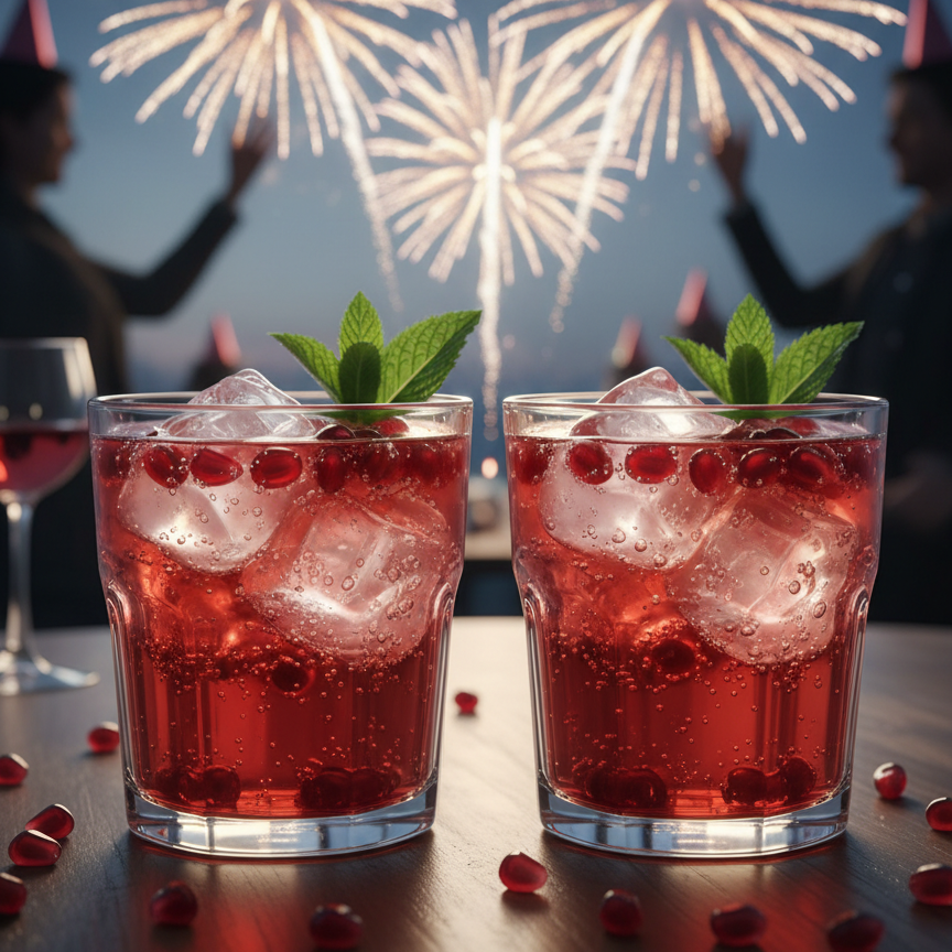 Zwei Gläser Granatapfel-Cocktail mit Eis und Minze, dekorativ auf einem Tisch angerichtet.