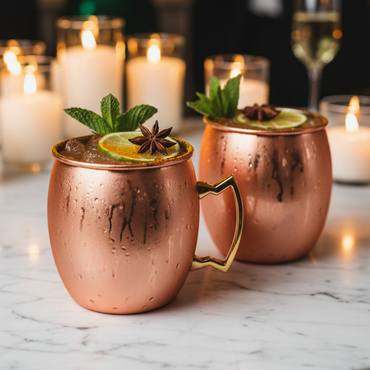 Zwei Kupfer-Moscow-Mules mit Garnituren auf einem Marmortisch.