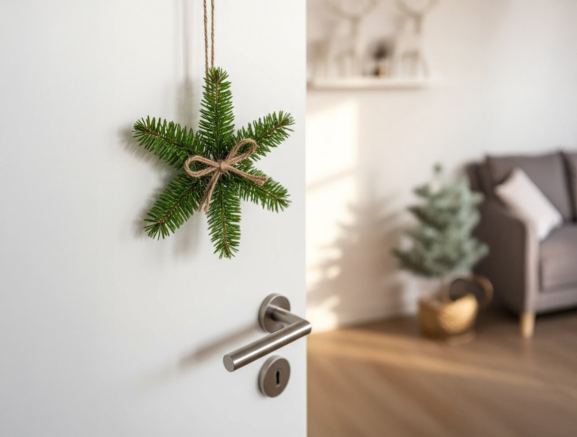 Tür mit silbernem Griff, daran ein Stern aus Tannenzweigen mit Juteband als Schleife, im Hintergrund unscharf Wohnzimmer mit Sofa und kleinem Weihnachtsbaum in Korb.