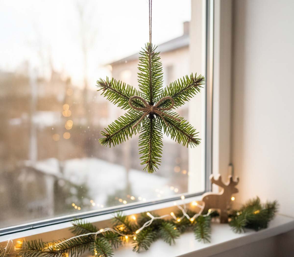 Grüner Tannenzweigstern mit Juteband als Schleife, hängend vor einem Fenster mit Lichterkette und Holzrentier auf der Fensterbank.