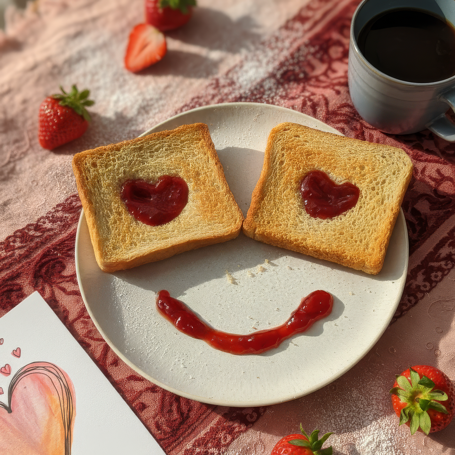 Zwei Toastscheiben mit herzförmigem Marmeladenaufstrich auf einem Teller, darunter ein lächelndes Gesicht aus Marmelade, umgeben von Erdbeeren und einer Tasse Kaffee.