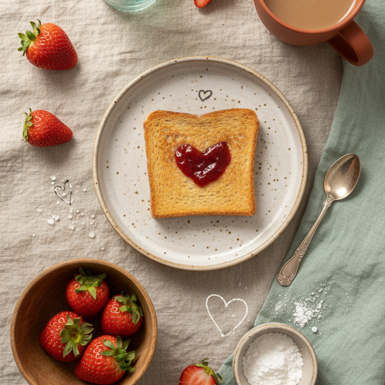 Toastscheibe mit herzförmig aufgetragener roter Marmelade auf einem weißen Teller, umgeben von Erdbeeren, einem Löffel und Puderzucker auf einem hellen Tuch.