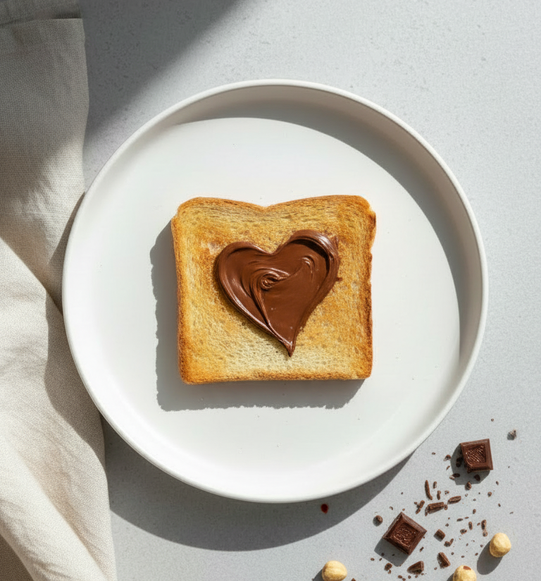 Scheibe Toastbrot mit herzförmig aufgetragener Nuss-Nougat-Cremeauf weißem Teller, daneben Schokoladenstücke und Haselnüsse.