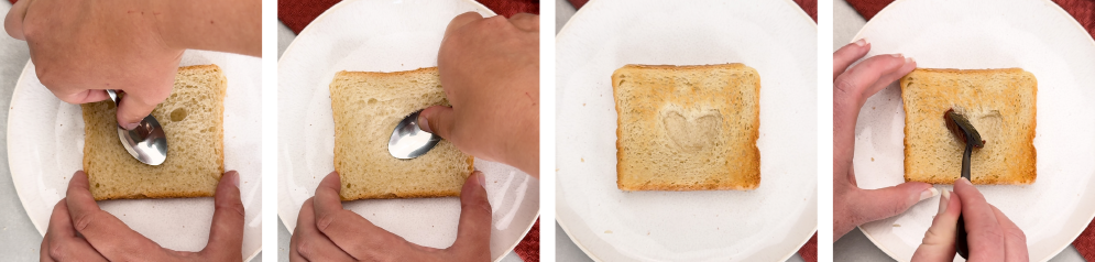Vier Bilder zeigen die Zubereitung von Toast: Ein Löffel wird auf eine Scheibe Toastbrot gedrückt, um eine Vertiefung zu formen, dann ist die Vertiefung sichtbar, und schließlich wird die Vertiefung mit einer Marmelade bestrichen.