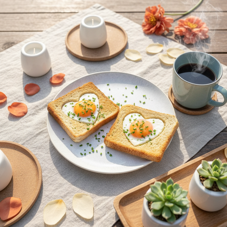 Zwei Toastscheiben mit herzförmigen Spiegeleiern auf einem weißen Teller, daneben eine dampfende Tasse Kaffee, Kerzen und Blütenblätter auf einem hellen Tuch.