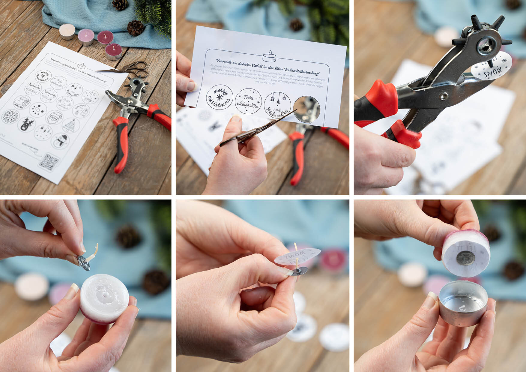 Sechs Fotos zeigen eine Anleitung zum Basteln mit Papier, einer Lochzange, einem Stift und runden Papierstücken mit Aufdrucken, die zu kleinen Dekorationen verarbeitet werden.