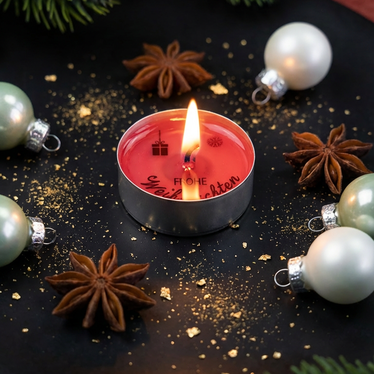 Brennendes rotes Teelicht mit der Botschaft 'Frohe Weihnachten', umgeben von weißen Christbaumkugeln und Sternanis auf schwarzem Untergrund.