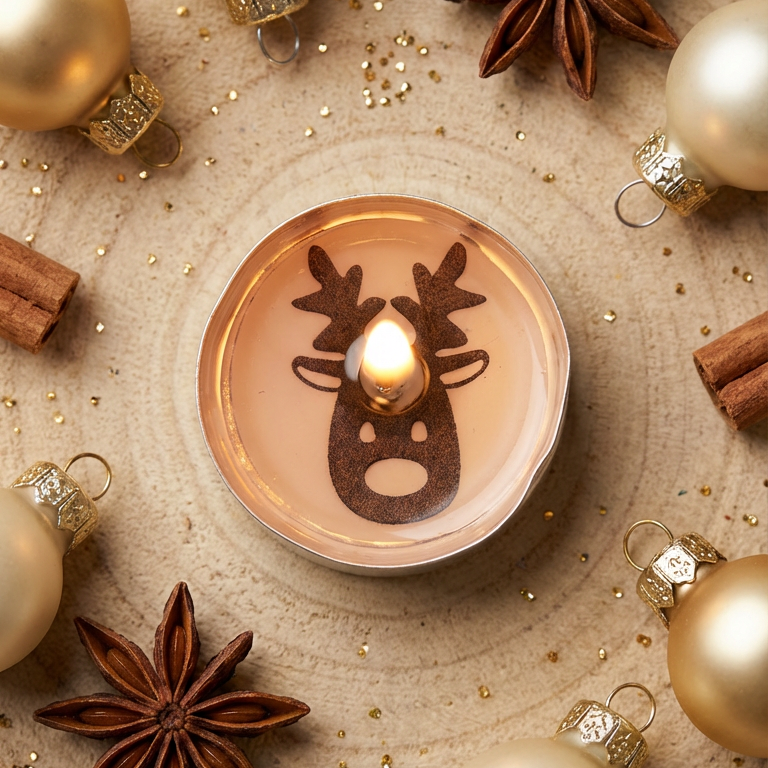 Ein brennendes Teelicht mit einer braunen Rentiergesichtsform im Wachs, bei der die Flamme die Nase des Rentiers darstellt. Das Teelicht steht auf einem hellen Untergrund, umgeben von goldfarbenen Weihnachtskugeln, Zimtstangen und Sternanis sowie kleinen goldenen Glitzerpartikeln.