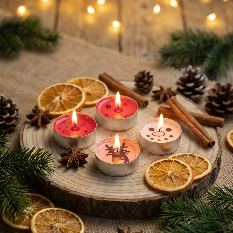 Vier brennende Teelichter stehen auf einer runden Holzscheibe. Drei der Teelichter haben weihnachtliche Motive: eines zeigt einen Rentierkopf, ein anderes die Aufschrift 'LET IT SNOW', das dritte ist mit Punkten verziert. Das vierte Teelicht ist rot. Um die Holzscheibe liegen getrocknete Orangenscheiben, Zimtstangen, Sternanis und Tannenzweige. Im Hintergrund sind unscharfe Lichterketten zu sehen.