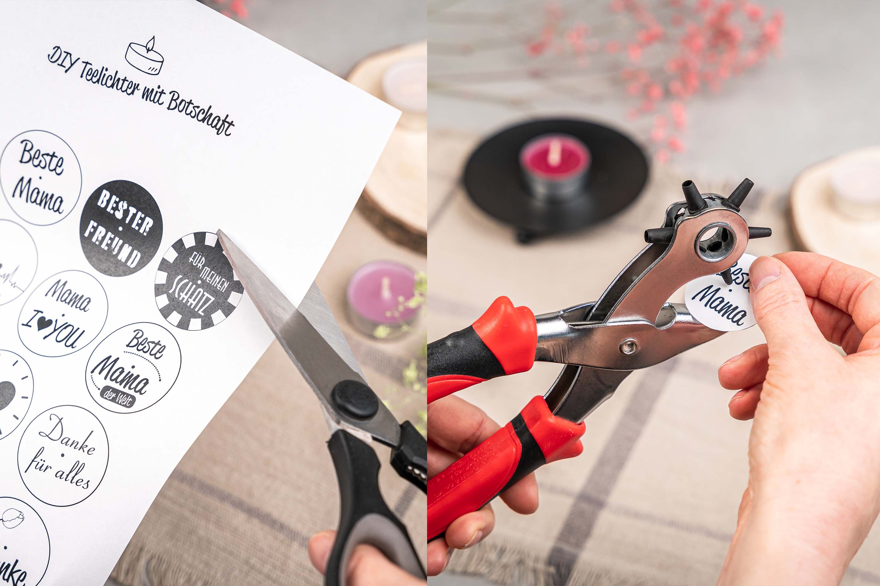DIY-Projekt mit Kerzen und Holzplatten; Werkzeuge und Stickers bereit.