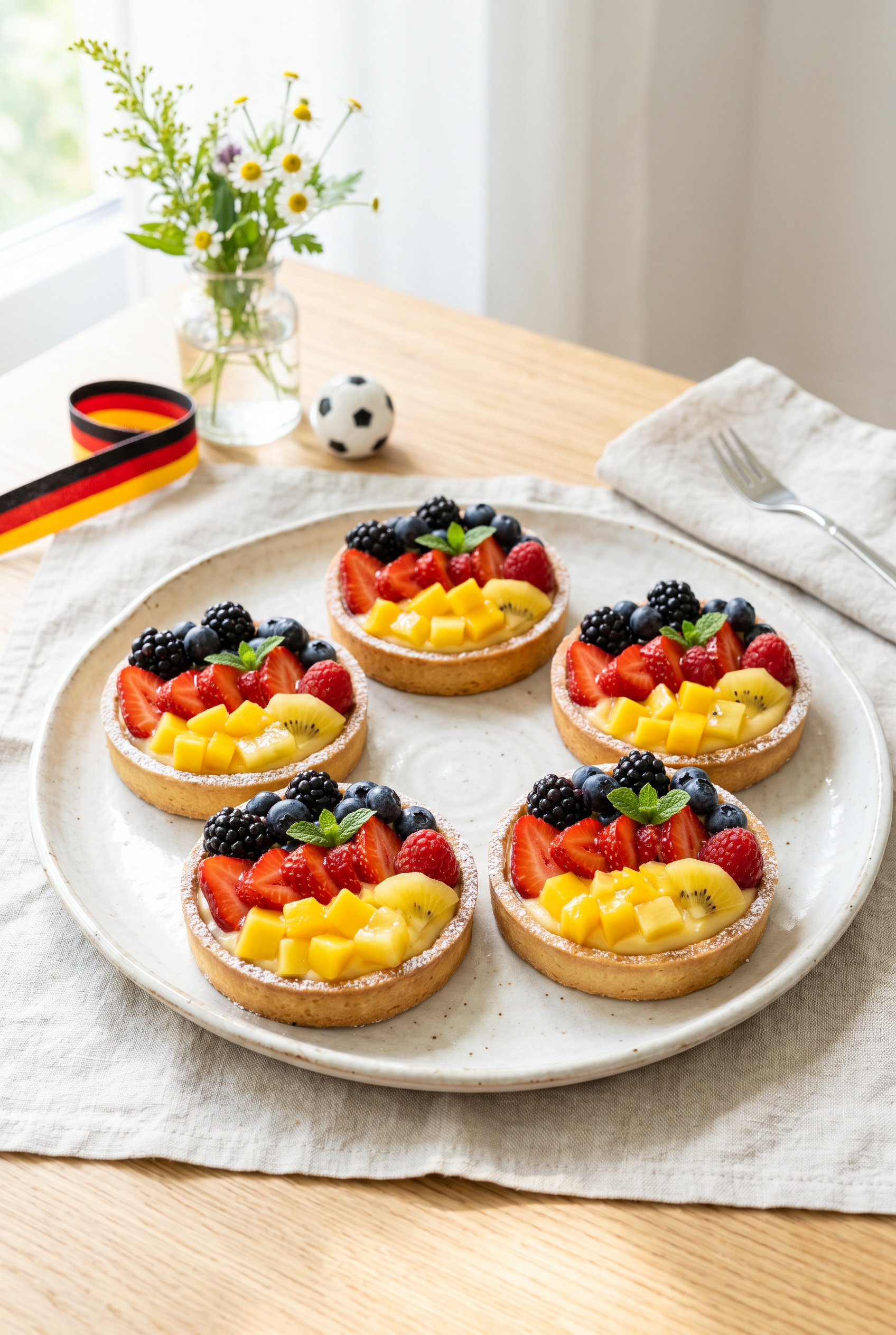 Vier kleine Obsttörtchen mit Erdbeeren, Brombeeren, Kiwi und Mango auf einem weißen Teller auf einem hellen Tischtuch neben einer kleinen Vase mit Blumen, einem Mini-Fußball und einem schwarz-rot-goldenen Band