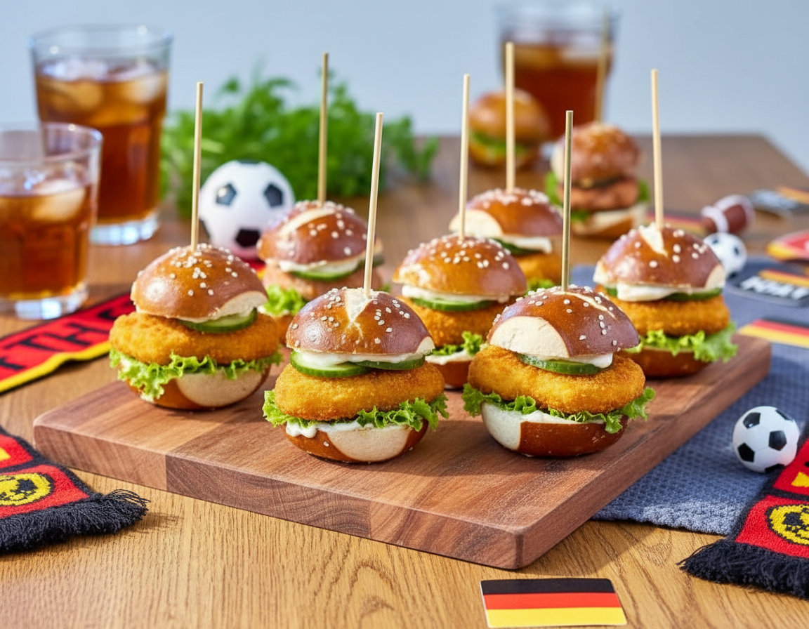 Mehrere kleine Burger mit Nuggets, Salat und Gurkenscheiben auf einem Holzbrett, umgeben von Getränken und Fußball-Dekoration