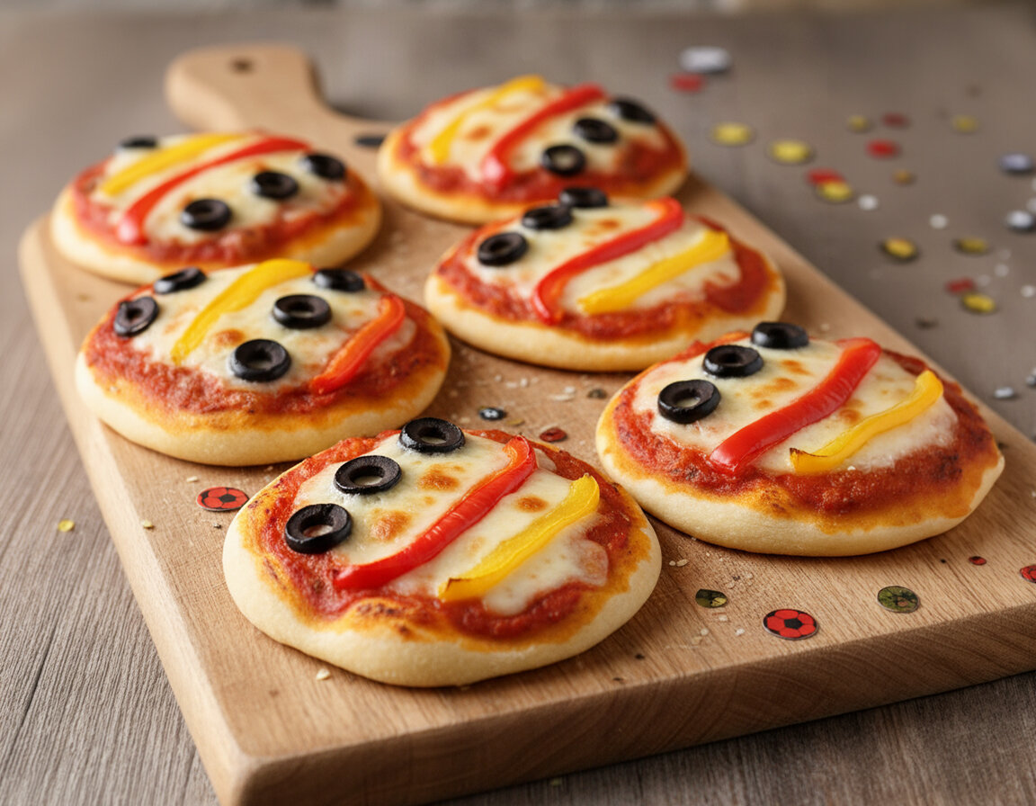 Sechs kleine Pizzen mit Tomatensauce, Käse, schwarzen Olivenscheiben und Streifen aus roter und gelber Paprika auf einem Holzbrett