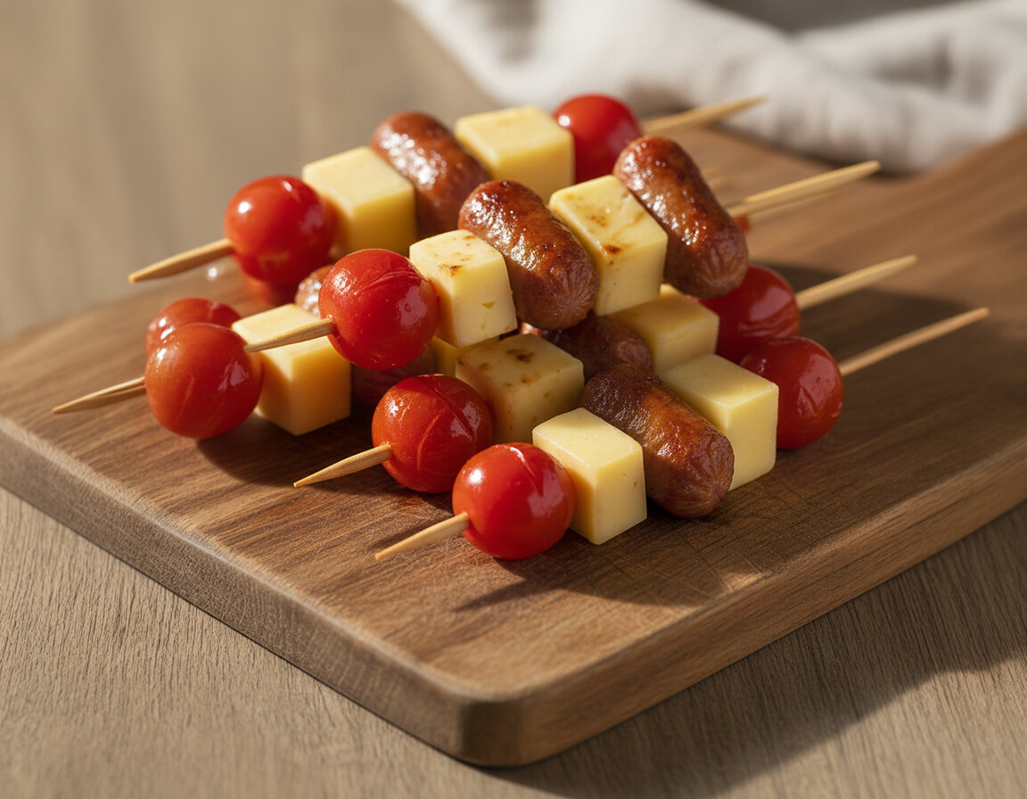 Mehrere Holzspieße mit abwechselnd Kirschtomaten, Würstchenstücken und Käsewürfeln auf einem Holzbrett