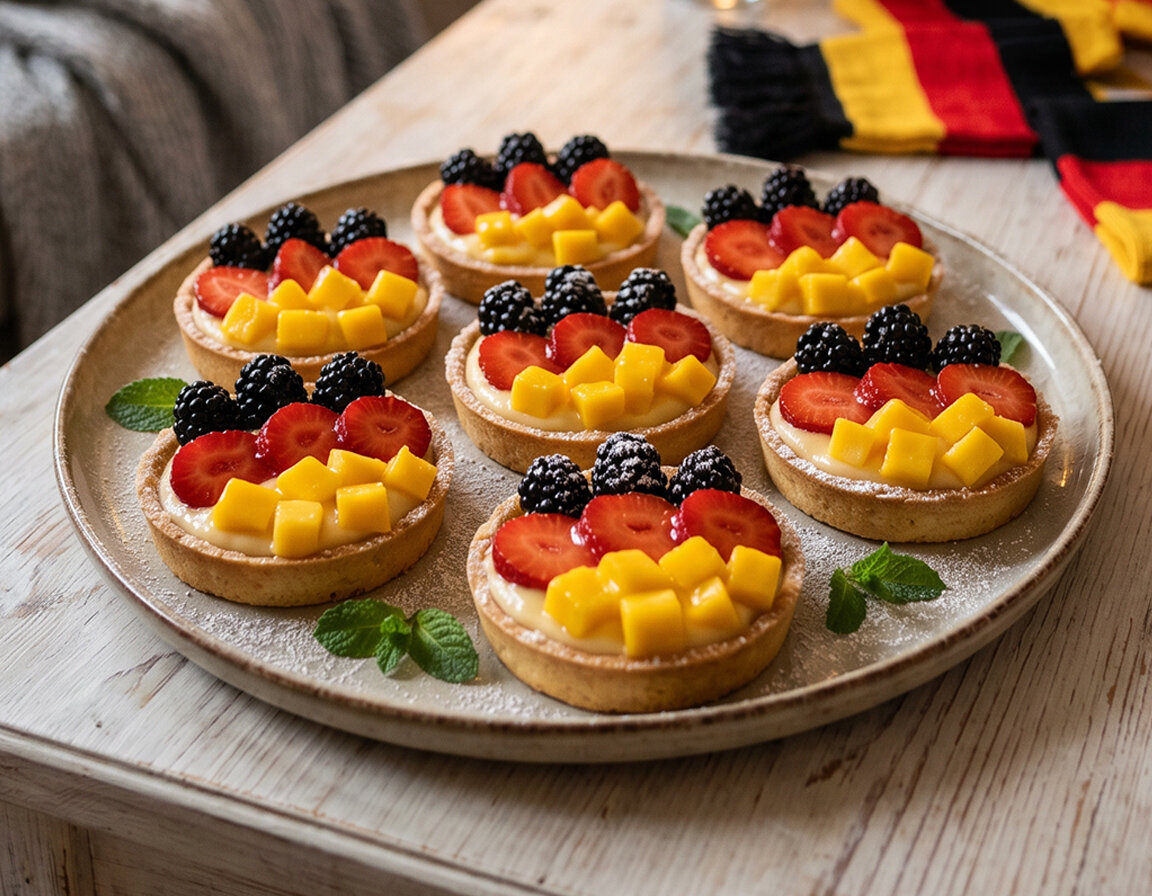 Acht kleine Tartlettes auf weißem Teller, belegt mit schwarzen Brombeeren, roten Erdbeerscheiben und gelben Mangostücken