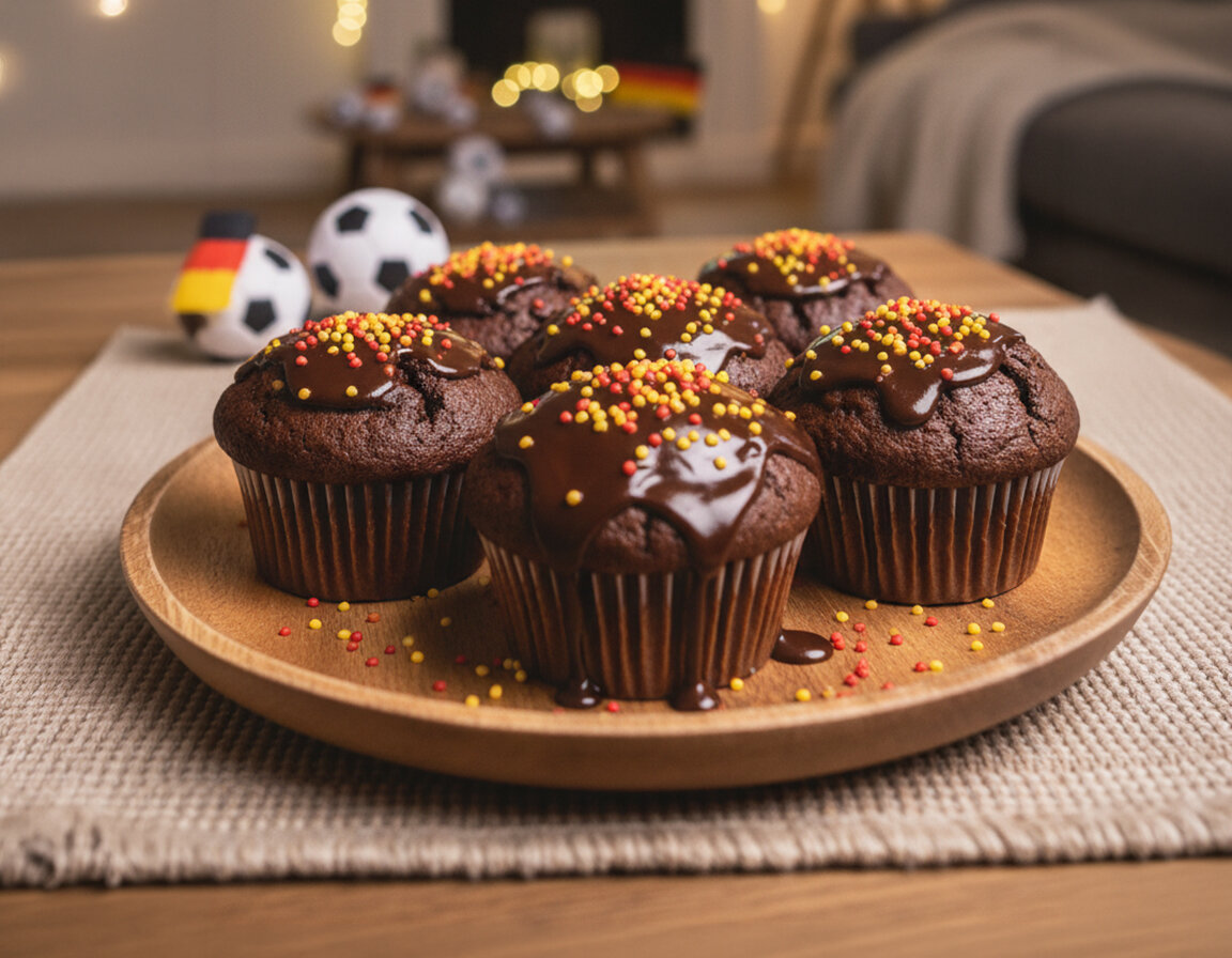 Schokoladenmuffins mit Schokoladenglasur und roten sowie gelben Streuseln auf einem Holztablett