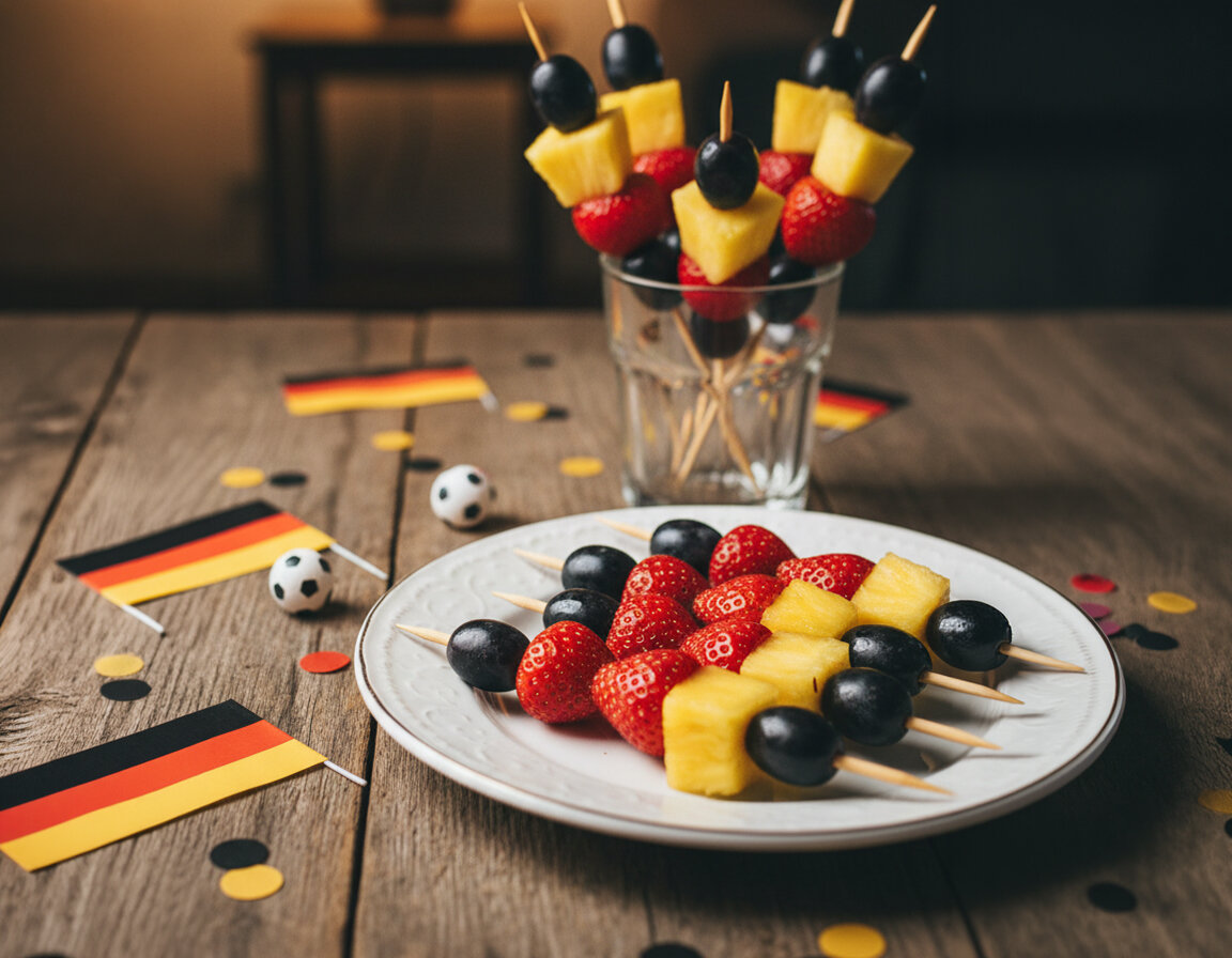Fruchtspieße mit Erdbeeren, Ananasstücken und Trauben auf einem Teller und in einem Glas, umgeben von kleinen Deutschlandfahnen und Fußball-Dekoration auf Holztisch