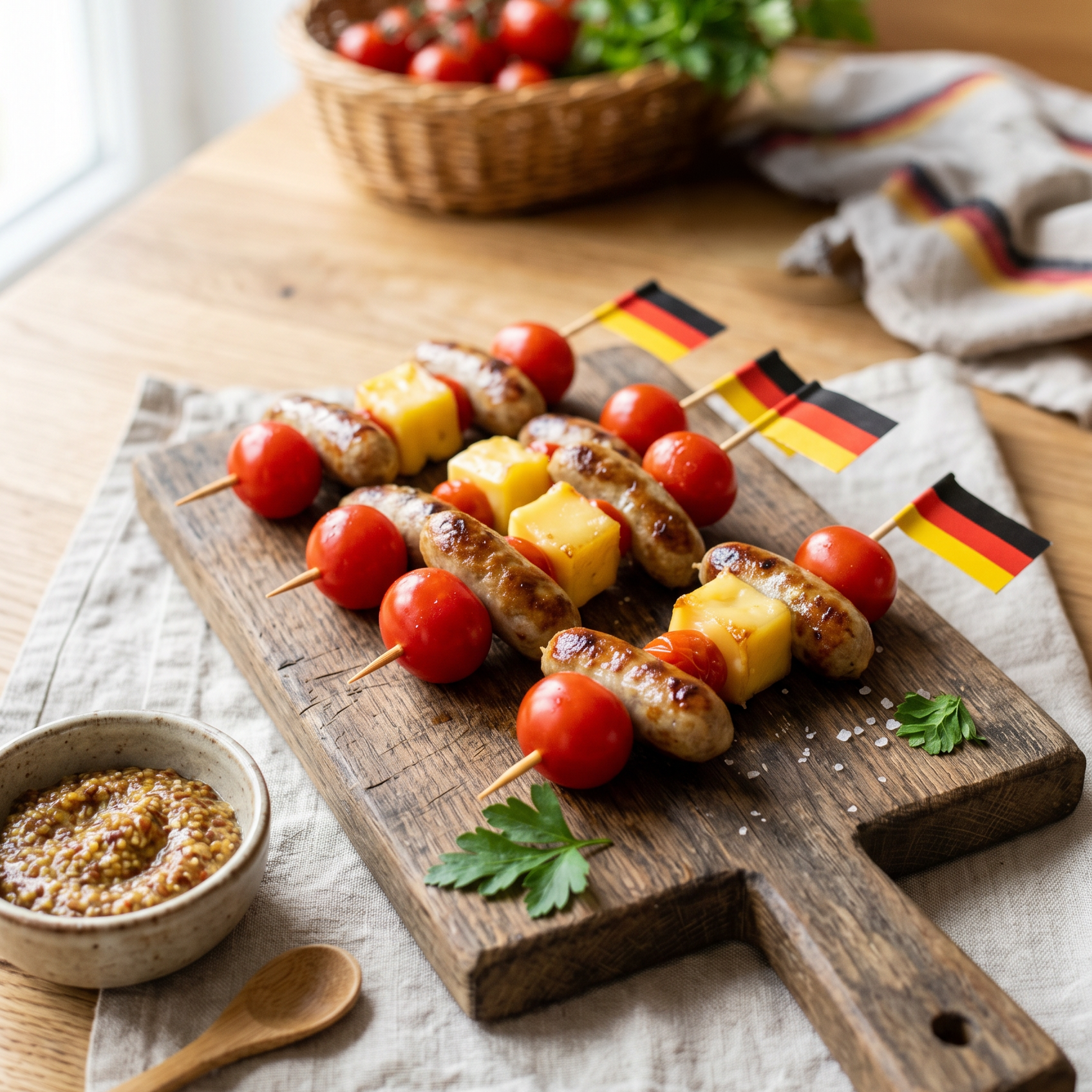 Auf einem hölzernen Servierbrett liegen mehrere Grillspieße, die abwechselnd mit kleinen Bratwürstchen, Käsestücken und Cocktailtomaten bestückt sind. In einige Spieße sind kleine Deutschlandfähnchen gesteckt. Daneben steht eine kleine Schale mit grobkörnigem Senf, einige Petersilienblätter liegen lose auf dem Brett. Im Hintergrund befinden sich ein Korb mit Tomaten, ein Küchentuch mit Deutschlandfarben und etwas frisches Grün.
