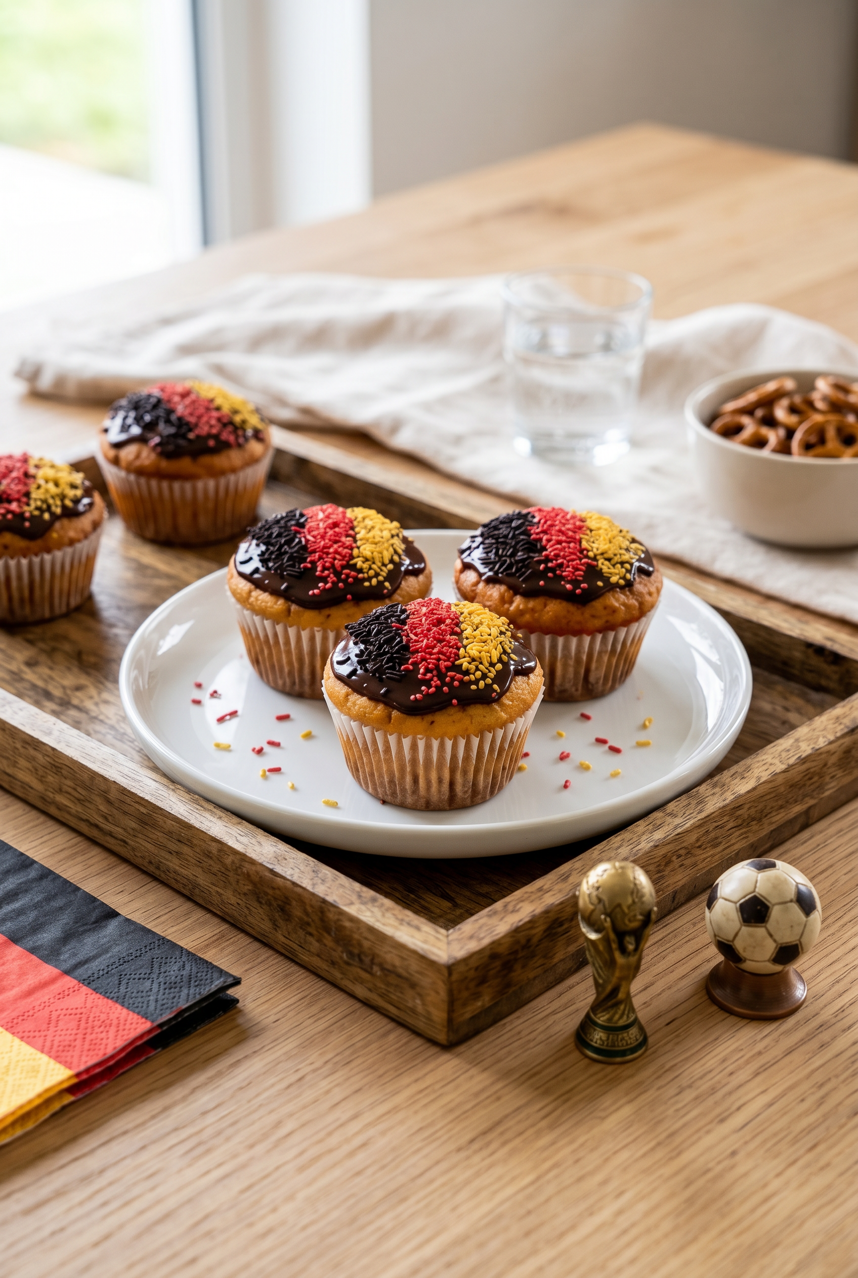 Fünf Muffins mit Schokoladenglasur und Streuseln in den Farben Schwarz, Rot und Gelb stehen auf einem weißen Teller. Die Streusel sind so angeordnet, dass sie an die deutsche Flagge erinnern. Auf dem Holztablett neben dem Teller befinden sich ein Glas Wasser, eine Schale mit Salzbrezeln sowie Servietten in den Farben der deutschen Flagge. Im Vordergrund stehen eine kleine Nachbildung des WM-Pokals und ein Miniaturfußball. Im Hintergrund liegt ein helles Tuch auf dem Tisch.