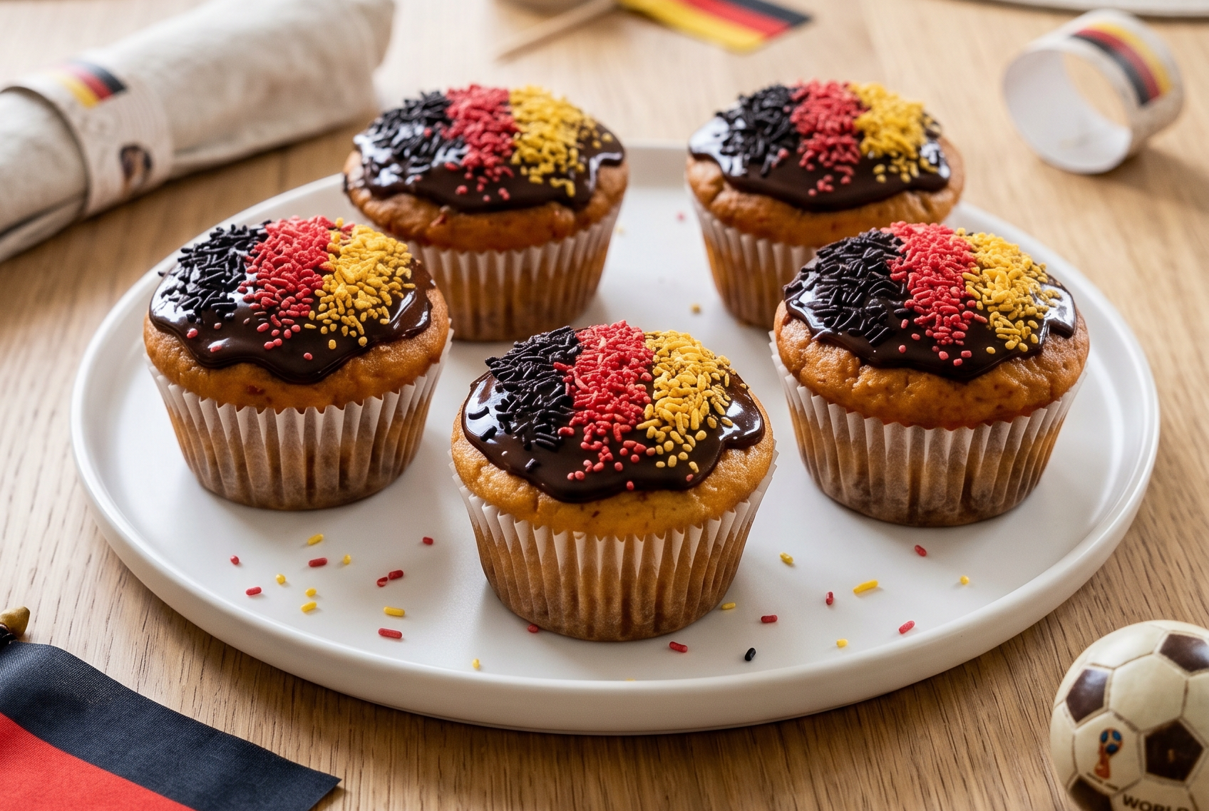 Schokoladenmuffins mit Schokoladenglasur und roten sowie gelben Streuseln auf einem Holztablett