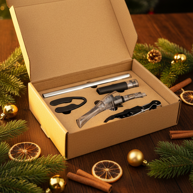 Offene Geschenkbox mit Weinöffner-Set, bestehend aus Korkenzieher, Ausgießer, Folienabschneider, Vakuumpumpe und Stopfen, umgeben von Tannenzweigen, Zimtstangen, getrockneten Orangenscheiben und goldenen Weihnachtskugeln.