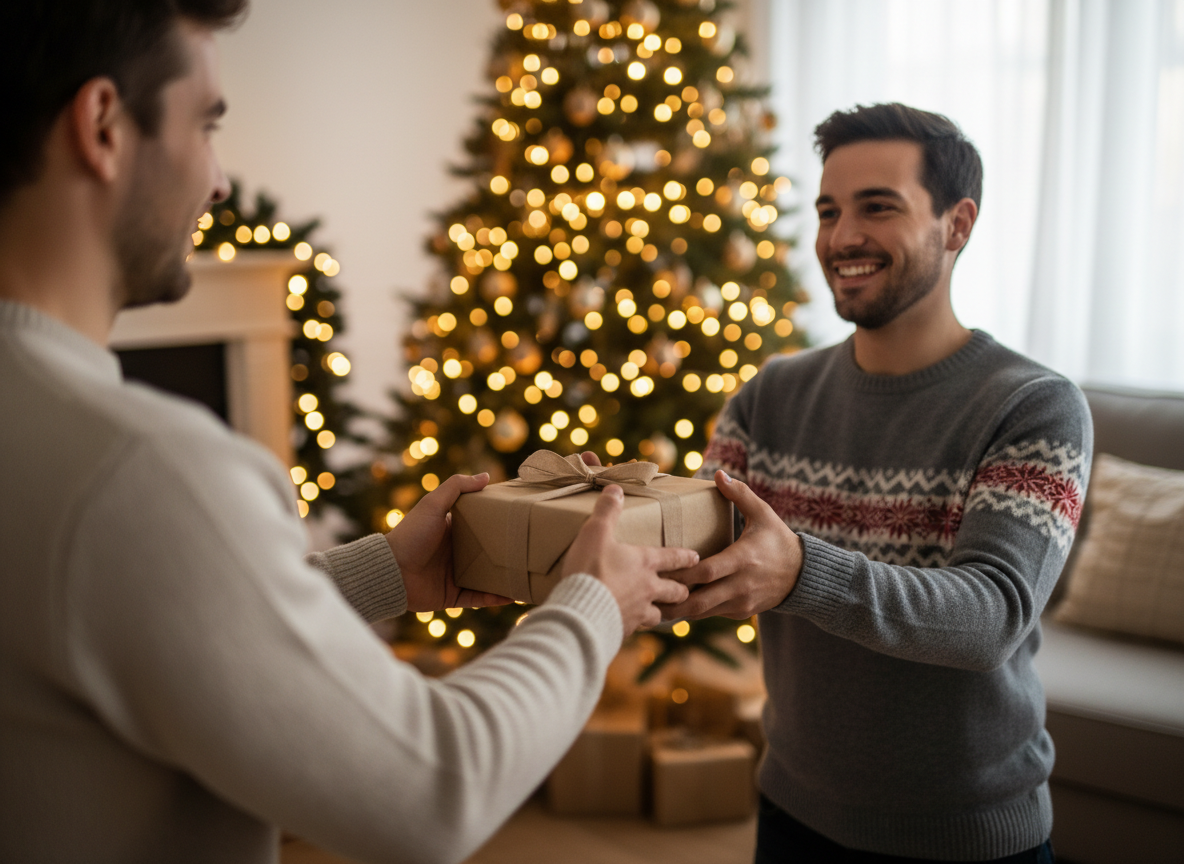 Zwei Männer tauschen ein in braunes Papier eingewickeltes Geschenk vor einem beleuchteten Weihnachtsbaum aus.