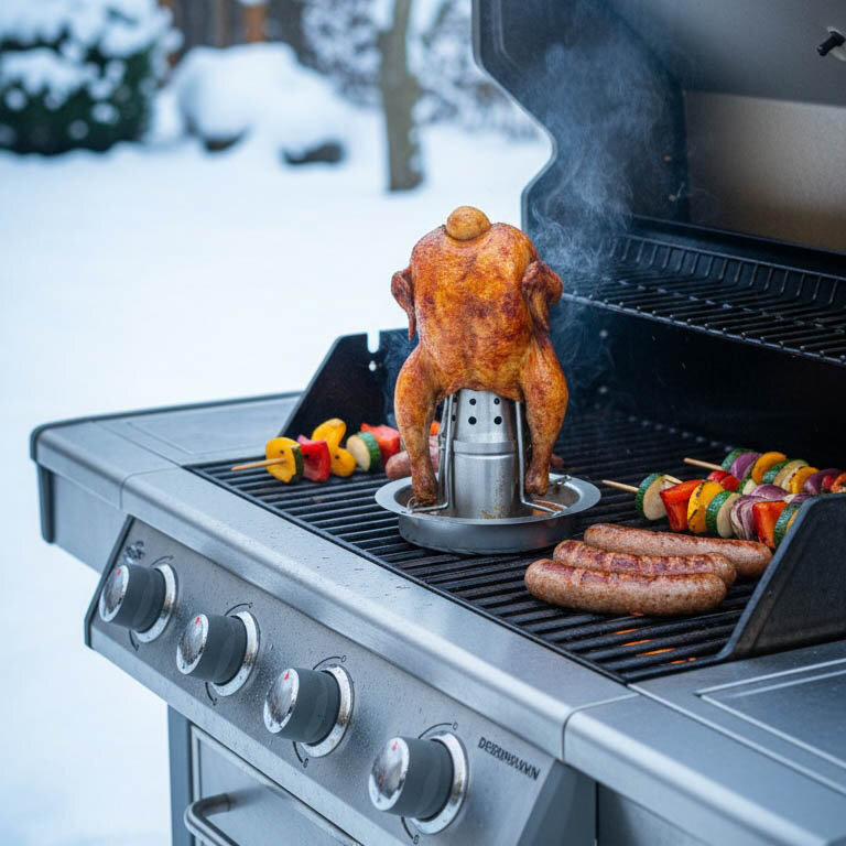 Ganzes Hähnchen steht aufrecht auf einer Bierdose auf einem Gasgrill, daneben Bratwürste und Gemüsespieße, im Hintergrund Schnee.