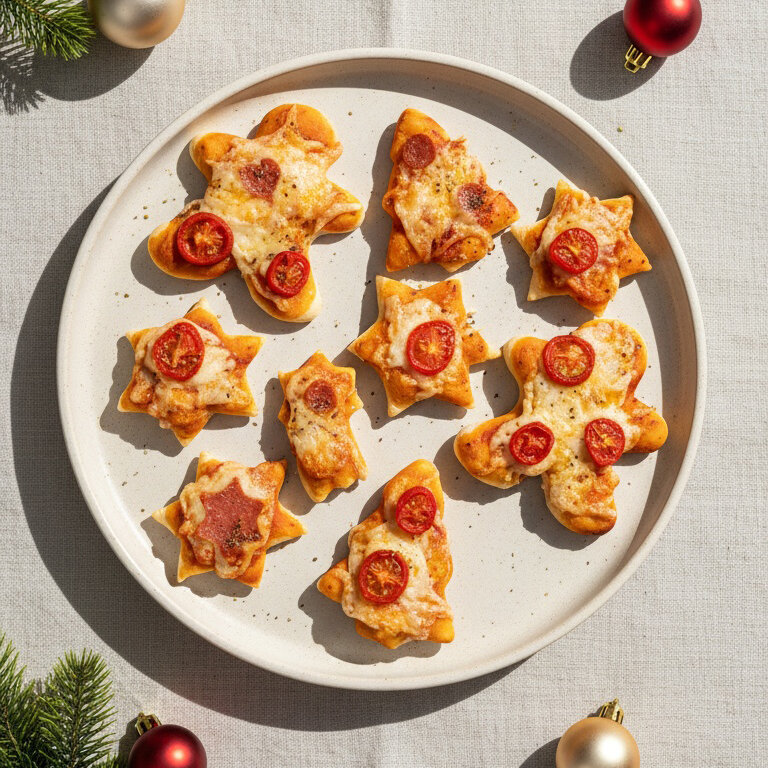 Weihnachtsplätzchen in Sternform mit Tomaten und Käse auf einem Slate-Platter.