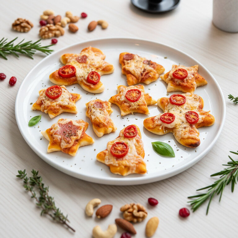 Weihnachtsfeierliche Mini-Pizzen in Form von Weihnachtsmotiven auf einem Slate-Teller.