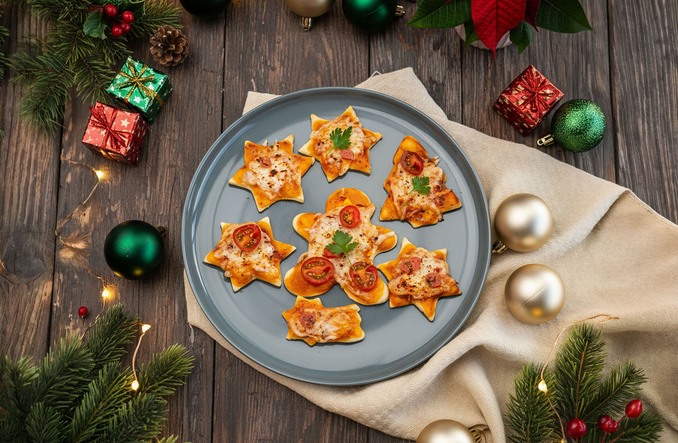Weihnachtsfeier mit Pizza in Sternform und Weihnachtsdeko.