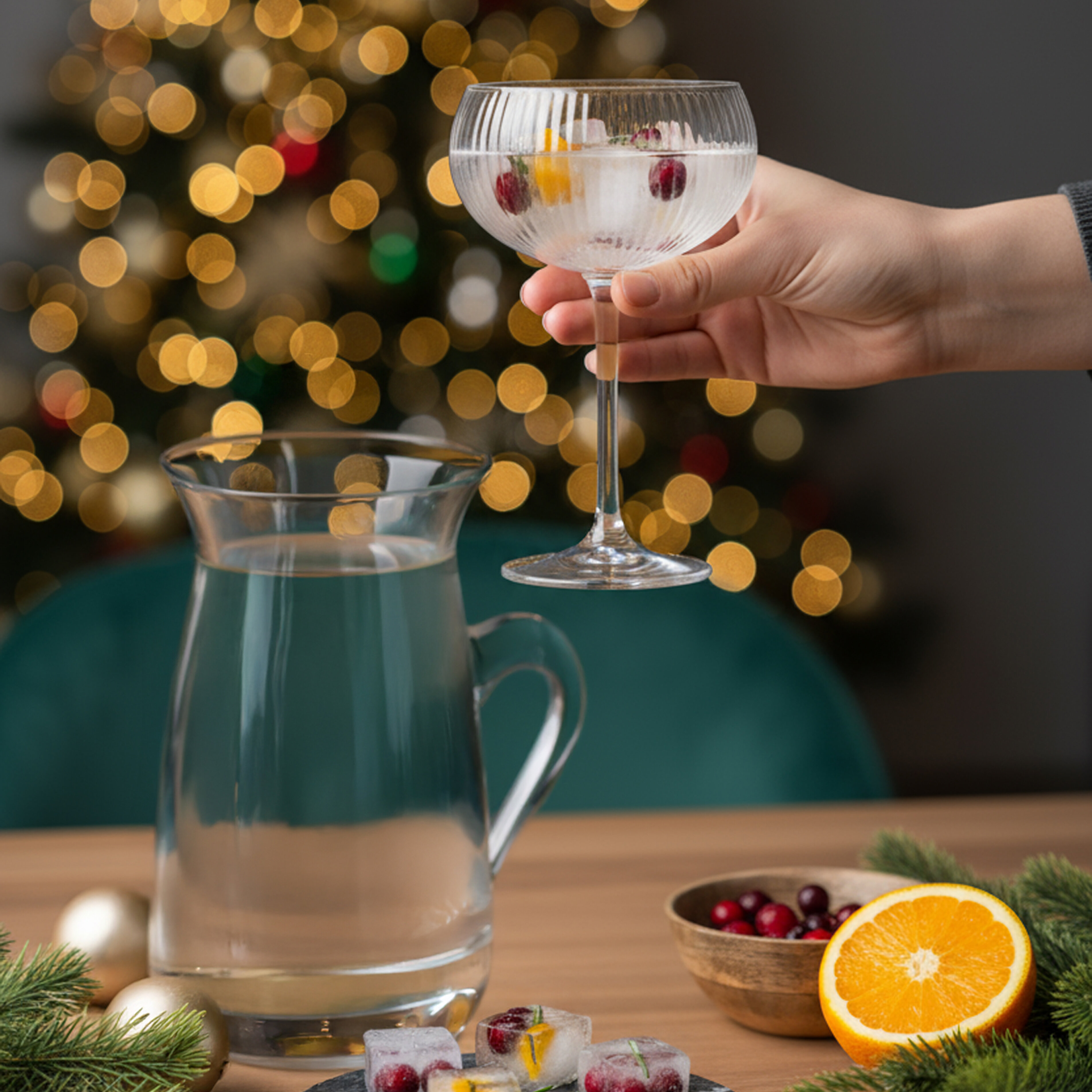 Hand hält ein Glas mit Eiswürfeln, die Orangenschale und Cranberries enthalten, vor einem Krug mit Wasser und weihnachtlicher Dekoration.