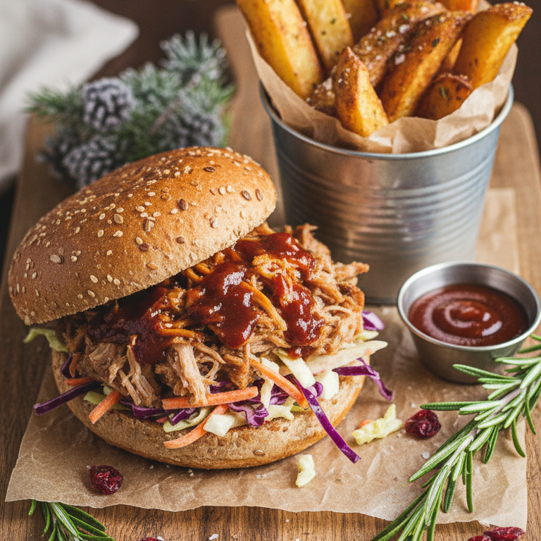 Burger mit Sesambrötchen, gefüllt mit Pulled Pork, Krautsalat und Barbecuesoße, dazu Pommes in einem kleinen Eimer und Barbecuesoße in einem kleinen Becher.