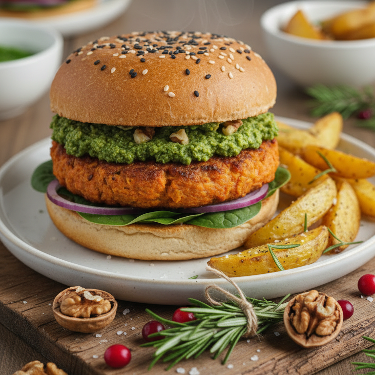 Burger mit Sesambrötchen, grünem Pesto, Walnüssen, roter Zwiebel, Spinat und einer Gemüsefrikadelle, serviert mit Rosmarinkartoffeln.