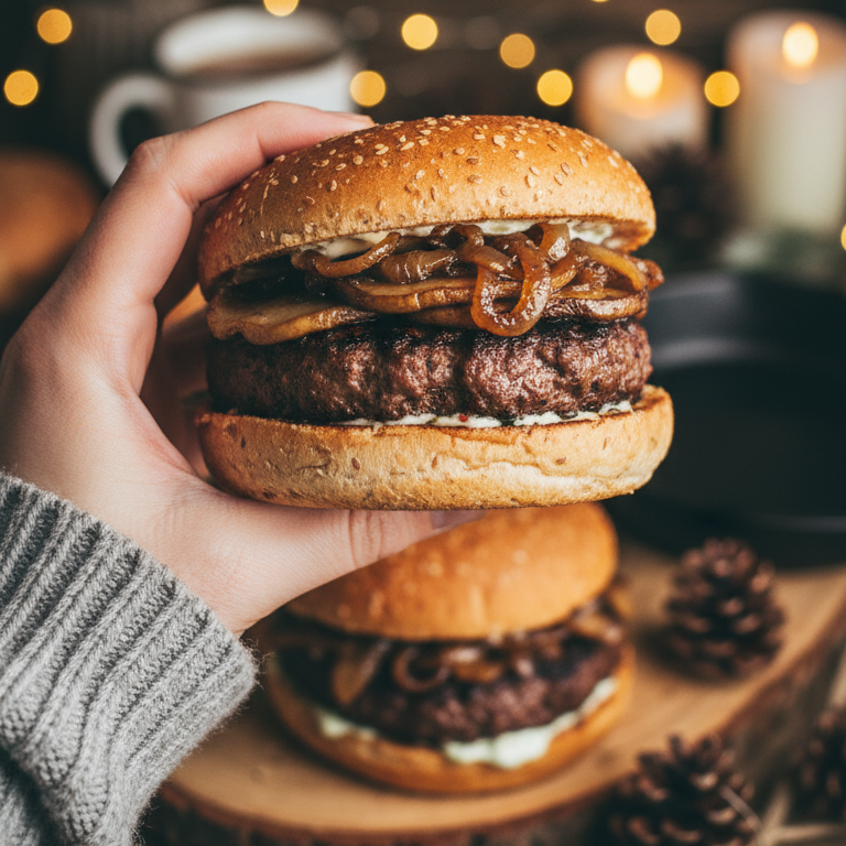 Hand hält einen Burger mit Sesambrötchen, Rindfleischpatty und karamellisierten Zwiebeln, im Hintergrund ein weiterer Burger und Tannenzapfen.