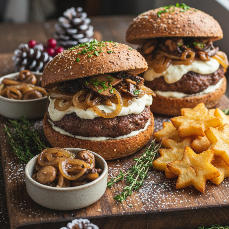 Zwei Burger mit Rindfleisch, geschmolzenem Käse, gebratenen Zwiebeln und Pilzen auf Sesambrötchen, daneben sternförmige Pommes und Tannenzapfen.