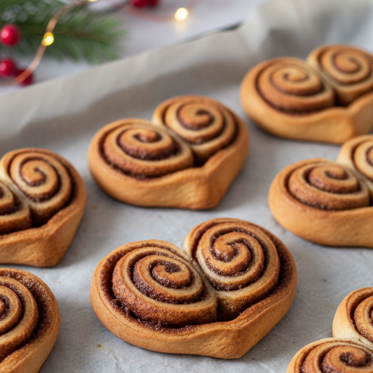 Mehrere kleine Zimtschnecken in Herzform auf Backpapier auf einem Backblech.