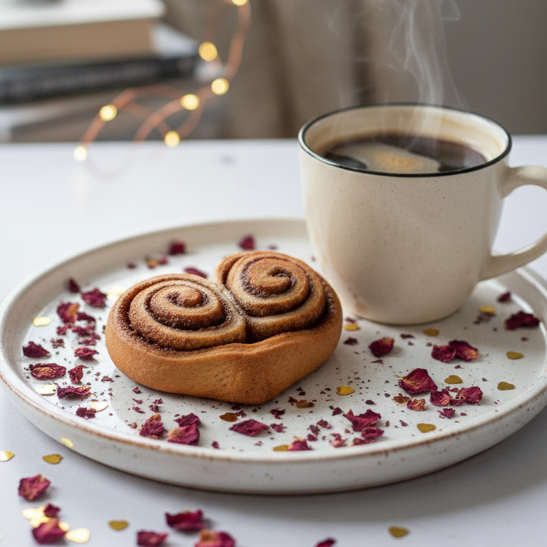 Herzförmiges Zimtschnecken-Gebäck auf weißem Teller mit getrockneten Rosenblättern neben dampfender Tasse Kaffee oder Tee.