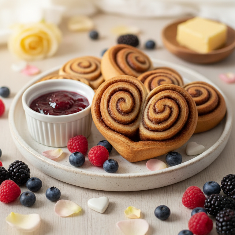 Herzförmige Zimtschnecken auf einem Teller mit Marmelade, Butter, frischen Himbeeren, Blaubeeren und Brombeeren, umgeben von Rosenblättern.