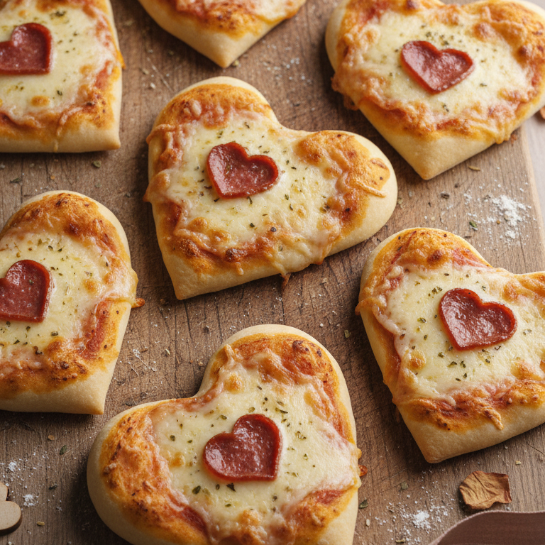 Mehrere herzförmige Mini-Pizzen mit geschmolzenem Käse und herzförmigen Salamischeiben auf Holzuntergrund.