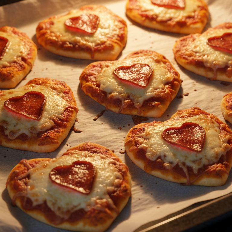 Mehrere kleine Pizzen mit geschmolzenem Käse und herzförmigen Salamischeiben auf Backpapier im Ofen.