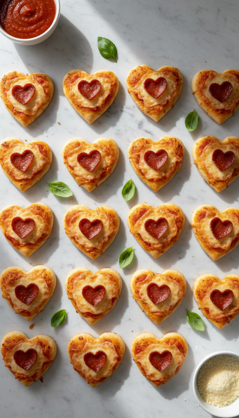 Mehrere herzförmige Mini-Pizzen mit herzförmigem Belag in der Mitte, umgeben von Basilikumblättern, auf hellem Untergrund.