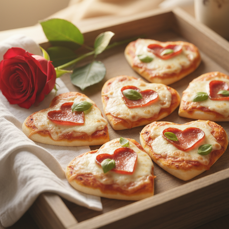 Fünf herzförmige Mini-Pizzen mit Käse, herzförmigen Salamischeiben und Basilikumblättern auf einem Holztablett neben einer roten Rose.