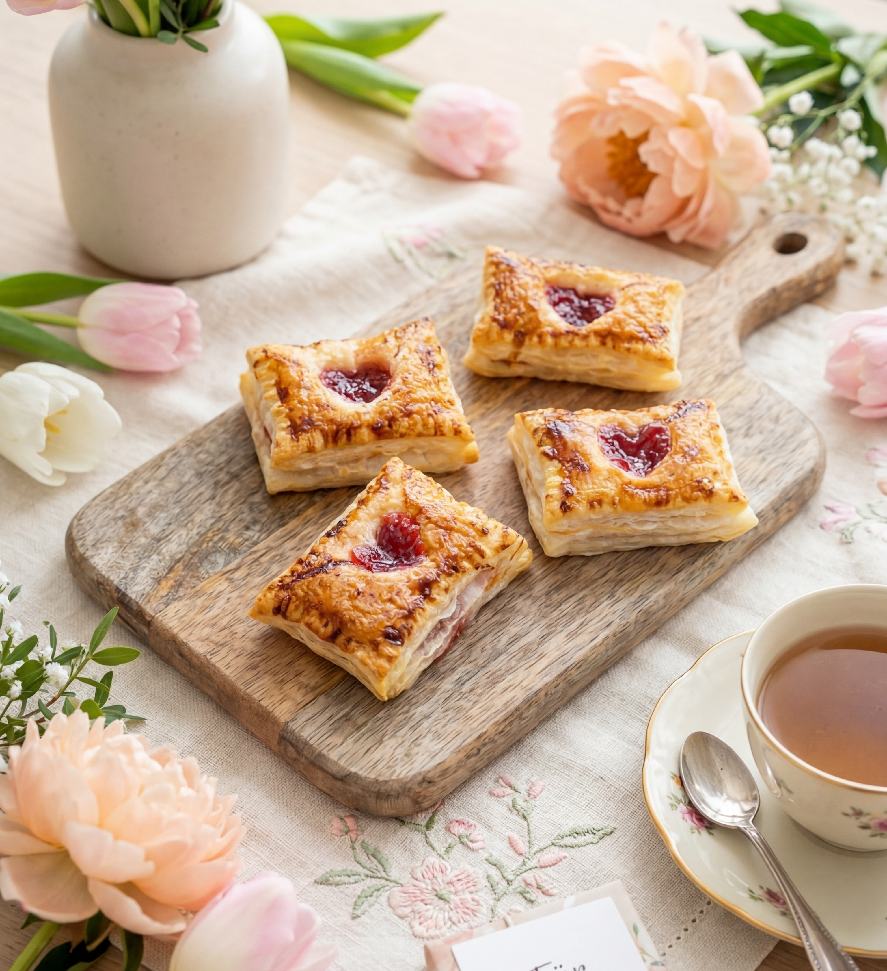 Vier kleine Blätterteigtaschen mit roter Füllung auf einem Holzbrett umgeben von rosa und weißen Blumen sowie einer Tasse Tee auf einem bestickten Tischtuch